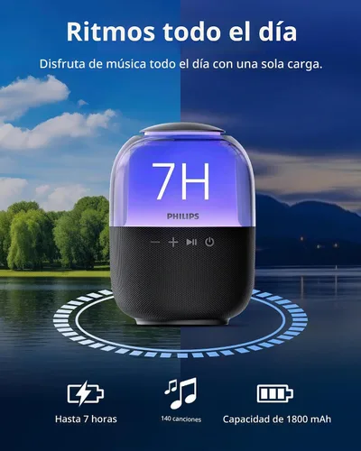 Vista 5 de Philips S2108 Altavoz Bluetooth portátil, 5 W RMS, 7 horas de reproducción, emparejamiento estéreo TWS, efectos de luz LED, carga USB-C, graves