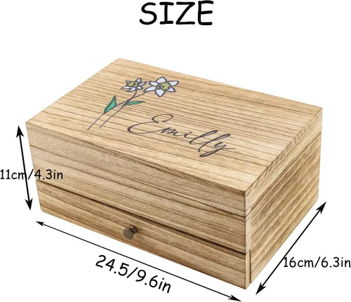 Vista 2 de Cajas de viaje de joyería personalizadas con nombre y flor de nacimiento, caja de joyería de terciopelo y madera para mujeres y niñas, caja