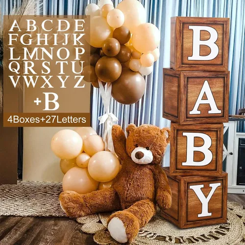 Vista 10 de Cajas de baby shower para decoración de fiesta, 4 bloques de madera de grano marrón con letras de bebé, letras impresas, decoración de centro