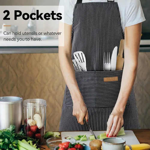 Vista 6 de NLUS Paquete de 2 delantales de cocina ajustables con babero, delantal de chef suave con 2 bolsillos para hombres y mujeres (rayas negras)