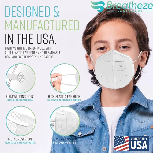 Vista 2 de Breatheze Máscara KN95 para niños, mascarillas KN95 para niños, registradas por la FDA, fabricadas en Estados Unidos