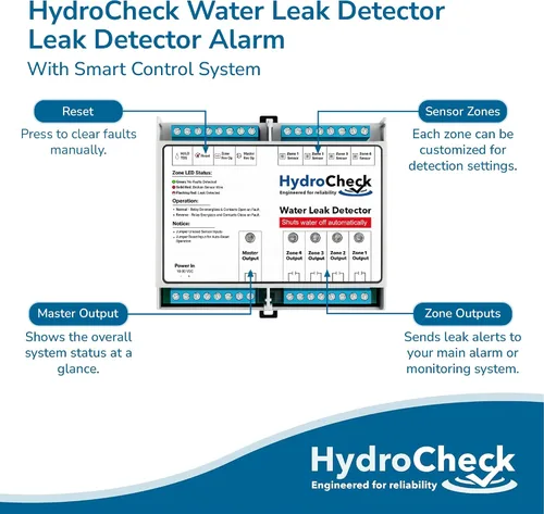 Vista 2 de Sistema de Apagado Automático de Agua HydroCheck - Dispositivo Inteligente de Detección de Fugas - Alarma de Sensor de Humedad Comercial - Carga