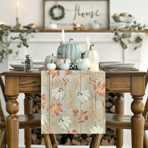 Vista 2 de Artoid Mode Camino de mesa de otoño de madera beige con hojas de arce, decoración de mesa de comedor de cocina de otoño de temporada para decoración