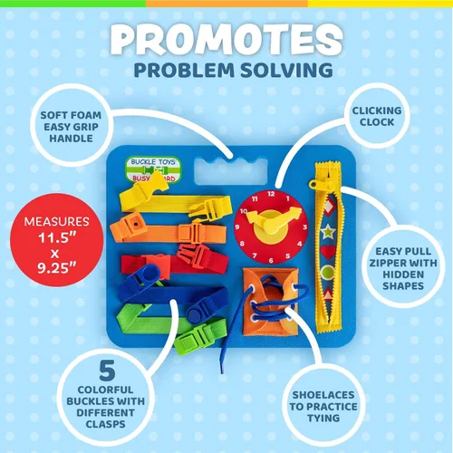 Vista 3 de Buckle Toys Busy Board - Juguete de aprendizaje Montessori para niños pequeños, actividades de viaje por carretera, tablero sensorial de espuma, Azul