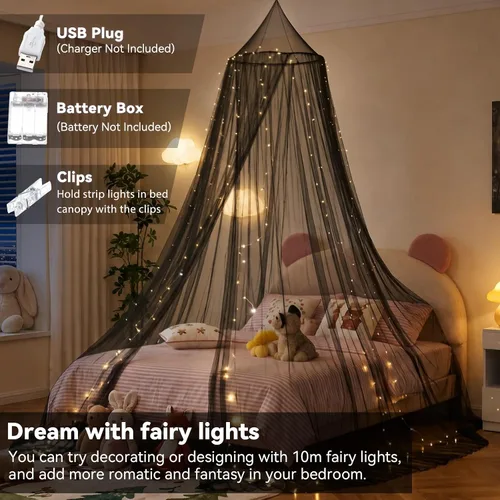Vista 3 de Dosel de Cama con Luces, Dosel de Cama para Niñas Princesa con Estrellas Luminosas, Cortinas de Cama con Dosel para Camas de Individual a King