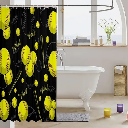 Vista 58 de Decorative White Baseball Shower Curtain Waterproof Polyester Fabric,Red Baseball Bat Bath Curtain Home Bathroom Decor Hanging Curtain with Hooks 72