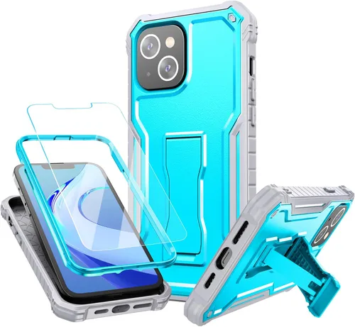 Vista 20 de FITO Funda para Apple iPhone 13, doble capa a prueba de golpes resistente con protector de pantalla de vidrio templado y soporte integrado (verde)