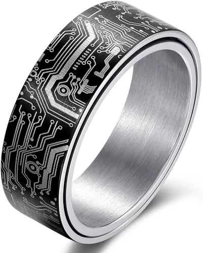 Vista 8 de Anillo de patrón de placa de circuito de computadora de 0.315 in negro/plata/azul/oro - Spinner Fidget Alivio de la ansiedad Anillo de acero