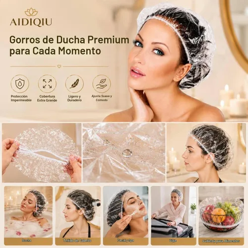 Vista 3 de 100 piezas de gorras de ducha más grandes desechables, gorras de baño de plástico elástico impermeables más gruesas, gorras de pelo de plástico