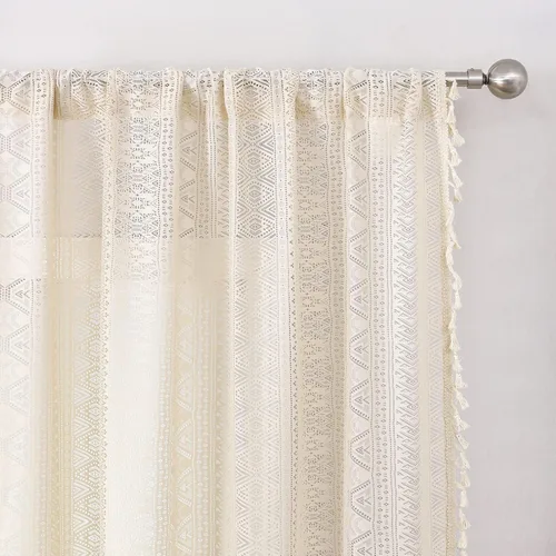 Vista 5 de Cortinas de encaje transparente con borlas de lino bohemio beige, elegante geometría de ganchillo, bolsillo para barra, cortinas de ventana