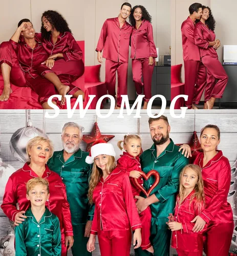 Vista 5 de SWOMOG Couples Silk Satin Pajamas Sets Long Sleeve Sleepwear 2-Piece Pjs Set Button-Down Loungewear Comfy Nightwear