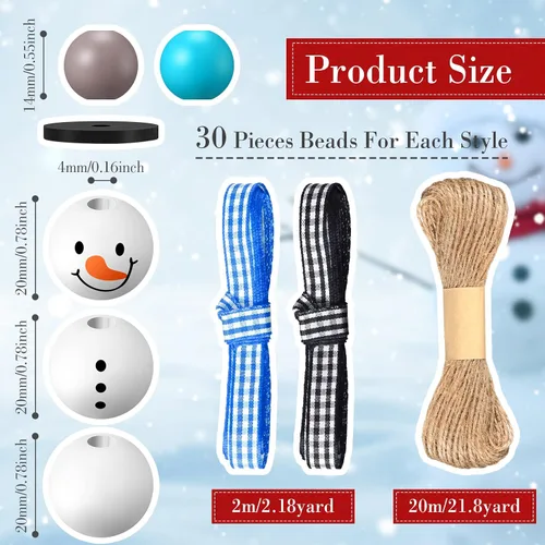 Vista 6 de 180 piezas de cuentas de madera de muñeco de nieve de Navidad con estampado de tartán de búfalo de Navidad, cuentas de madera redondas de invierno
