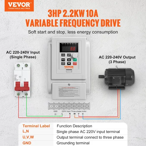 Vista 2 de VEVOR VFD 3HP, 2.2KW, 10A, Entrada 1 Fase 220V-240V a Salida 3 Fases 220V-240V Unidad de Frecuencia Variable, VFD 0-400Hz para Control de Velocidad