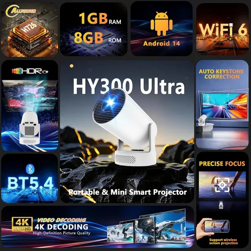 Vista 2 de Mini proyector con WiFi y Bluetooth, compatible con proyector portátil 1080P 4K, proyectores inteligentes Android 14 HY300 Ultra, corrección