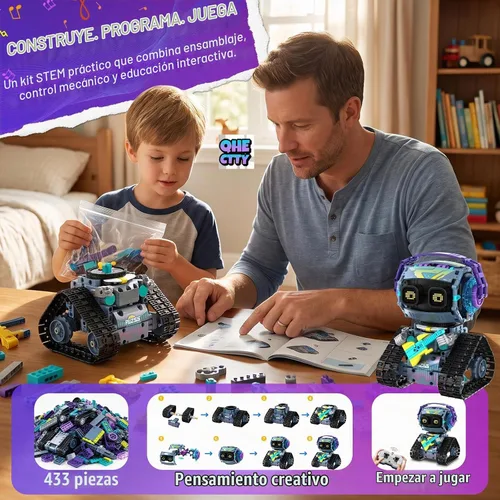 Vista 5 de Kit de construcción de robot STEM, 3 en 1 juguetes robóticos controlados por control remoto y aplicación, set de bloques de construcción de robots