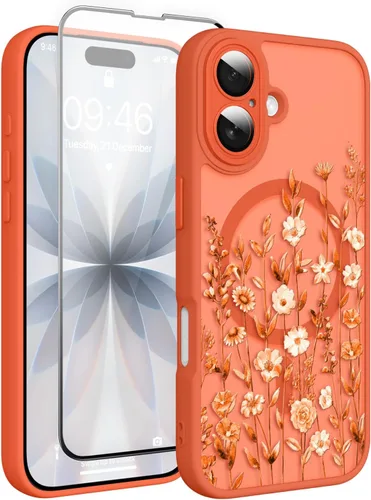 Vista 79 de Magnético para iPhone 13 con protector de pantalla [Compatible con MagSafe] Diseño de patrón floral de flores bonitas, funda delgada a prueba