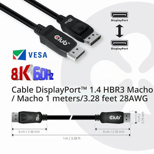 Vista 3 de Club3D CAC-2067 VESA Certificado DisplayPort a DisplayPort 1.4/Hbr3 M/M Cable DP 1.4 8K 60Hz 1m - 3,28ft