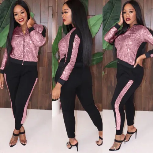 Vista 2 de ThusFar Conjunto sexy de lentejuelas de dos piezas para mujer, con bolsillos, chaqueta metálica con purpurina y pantalón, ropa de club