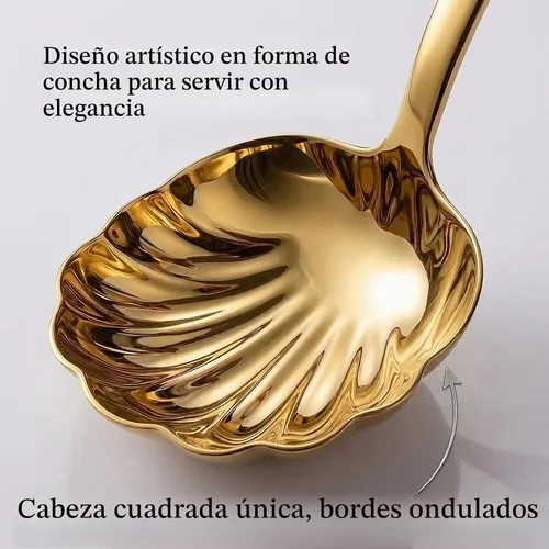 Vista 3 de Gold - Juego de 2 cucharones de sopa de acero inoxidable 18/10 de alta calidad con diseño artístico en forma de concha, cucharón pequeño de 9