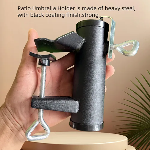 Vista 7 de Soporte de abrazadera para paraguas para exteriores, resistente con clip de montaje para sombrilla de patio, color negro