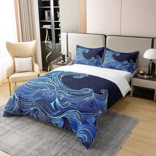 Vista 3 de jejeloiu Juego de funda de edredón de algodón con diseño de olas japonesas, funda de edredón 100% algodón tamaño individual para olas del mar, juego