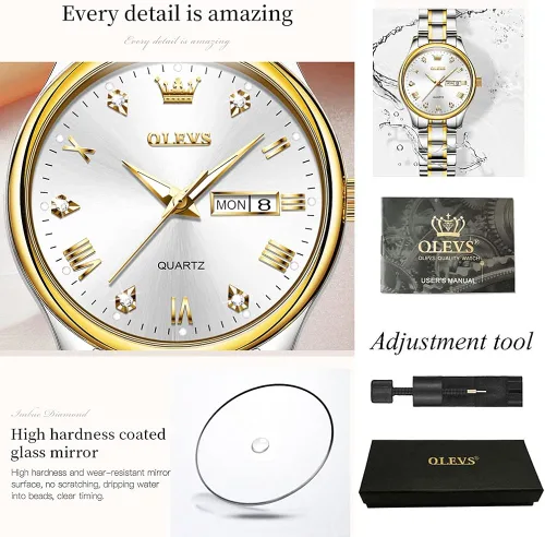 Vista 5 de OLEVS Reloj dorado para mujer con fecha de día de acero inoxidable, impermeable, de cara pequeña, de cuarzo, analógico, de moda, dorado, negro