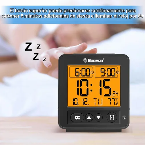 Vista 5 de Geevon Pequeño reloj despertador atómico de viaje con retroiluminación Auto/8s, 2 configuraciones de alarma, temperatura, sonidos de pitido Negro