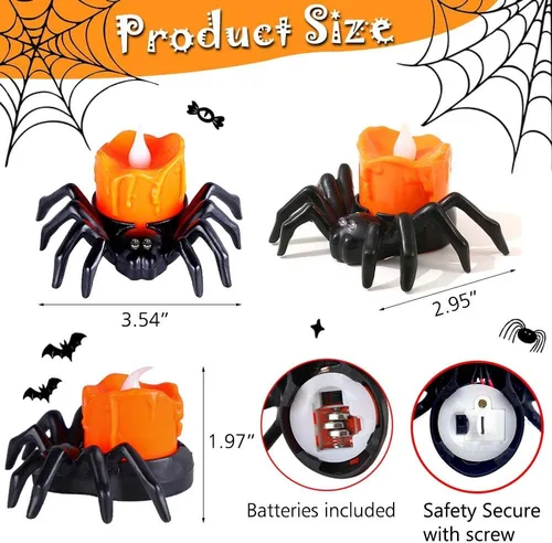 Vista 3 de Paquete de 6 velas LED sin llama de Halloween, velas LED de araña 3D con luz amarilla y morada cálida brillante, funciona con pilas, luces LED