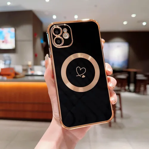Vista 5 de Funda compatible con Magsafe para iPhone 11, diseño electrochapado con patrón de corazón de amor, TPU suave, a prueba de golpes, protección completa