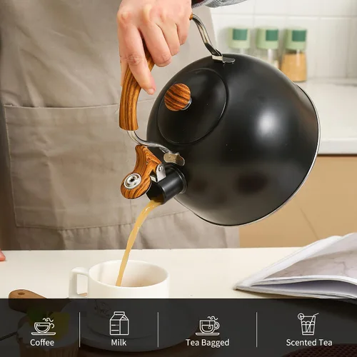 Vista 4 de LONFFERY Tetera para estufa, hervidor de té silbante de 2.5 cuartos de galón, con mango plegable de acero inoxidable de grado alimenticio
