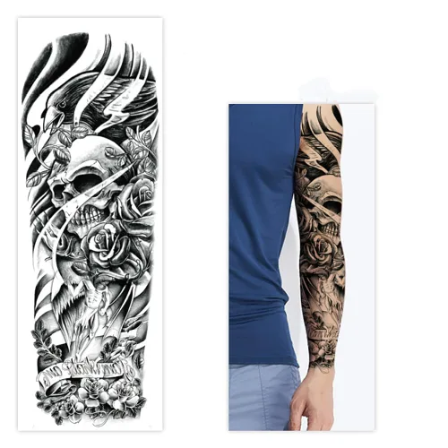 Vista 3 de Tatuajes temporales de Halloween, tatuajes temporales de 4 hojas de calavera de manga completa y 4 hojas de calcomanías de tatuaje de medio brazo