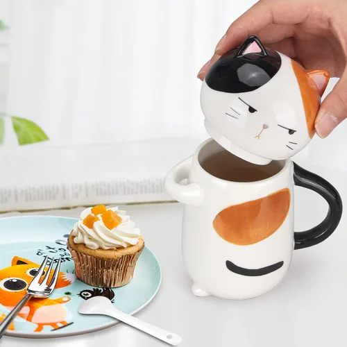 Vista 6 de Taza de café grande y bonita de cerámica con tapa y cuchara, divertida taza de gato para mujeres y damas, tazas de café Kawaii 3D únicas de gato