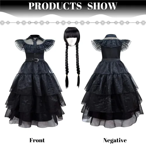 Vista 3 de Vestido Wednesday Addams para niñas, vestido de Merlina para niñas, vestido Wednesday Addams para niños, con peluca de miércoles para niños