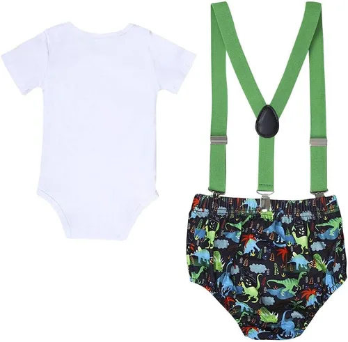 Vista 8 de IDOPIP Traje formal para bebé niño para el primer cumpleaños de Cake Smash con corbatín y tirantes y pantalones cortos para sesión de fotos