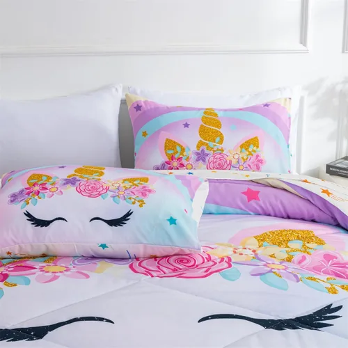 Vista 9 de NTBED Juego de edredón individual de unicornio con sábanas, juego de ropa de cama individual de 5 piezas para niñas, microfibra ligera, arcoíris