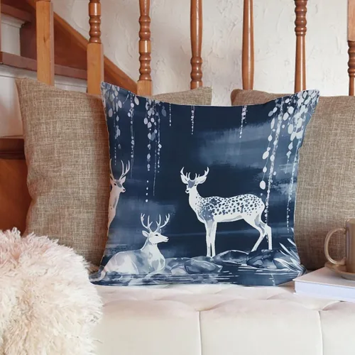 Vista 6 de ArogGeld Fundas de almohada de antílope blanco y flor azul de granja de acuarela animal azul ciervos blancos de lino blanco funda de almohada