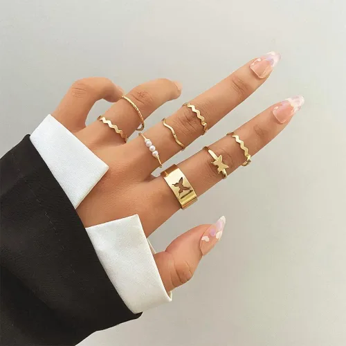 Vista 6 de Juego de anillos de oro para mujeres, adolescentes y niñas, juego de anillos dorados para nudillos, anillos vintage apilables bohemios, anillos