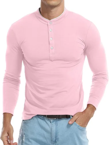 Vista 3 de KUYIGO Camisas polo casuales de manga larga para hombre, cuello mandarín, ajuste delgado, tops de algodón a la moda