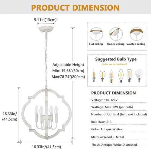 Vista 2 de Lámpara de araña blanca para comedor - Lámpara colgante moderna de 4 luces, luces colgantes de madera rústica para cocina, isla, sala de estar