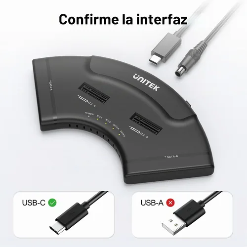 Vista 8 de Unitek Adaptador USB-C de 4 bahías, 2X M.2 + 2X SATA, 10Gbps, sin Negro USB-C M.2 y 2.5/3.5