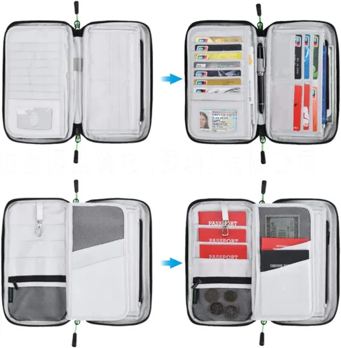 Vista 6 de Cartera de viaje RFID para pasaporte familiar, organizador de documentos impermeable con cremallera y correa de muñeca extraíble, Rojo, Elegante