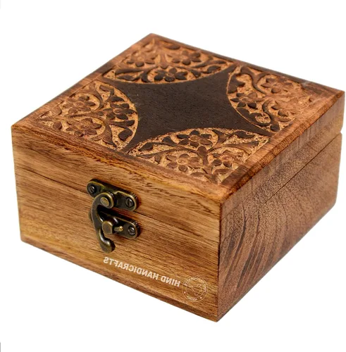 Vista 15 de Urna de madera antigua hecha a mano con grabado del árbol de la vida tallada a mano para mujeres y hombres, joyas Acentos de decoración del hogar