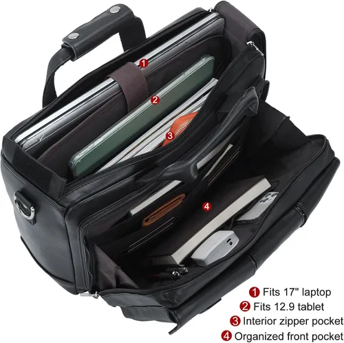 Vista 5 de TIDING Maletín de cuero de grano completo para hombres 17 pulgadas portátil caso negocios viaje oficina mensajero bolsa de hombro