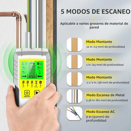 Vista 4 de Detector de pernos Sensor de pared Escáner de pared - Detector de pernos 5 en 1 con sensor electrónico, escáner de pared con pantalla LCD Amarillo