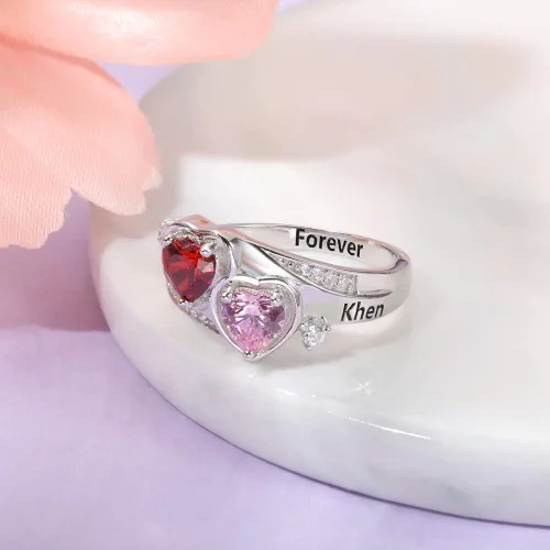 Vista 5 de Anillo de plata de ley con piedras de nacimiento, anillos de piedra natal personalizados para mujeres, mamá, nombres grabados, anillos de promesa