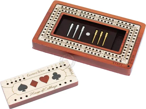 Vista 3 de House of Cribbage - 2 pistas - Tablero de Cribbage de madera de viaje/tamaño de bolsillo - 4 pulgadas - Incrustado en madera Bloodwood/Arce