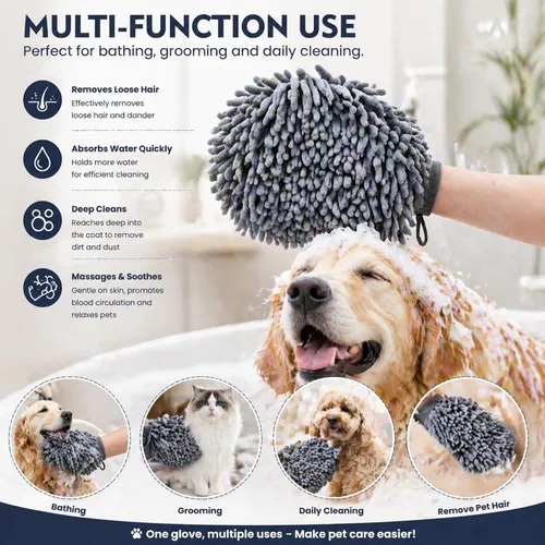 Vista 3 de Guantes de baño secos súper absorbentes para perros, de microfibra de chenilla, guantes de aseo para perros sucios, adecuados para todas las razas