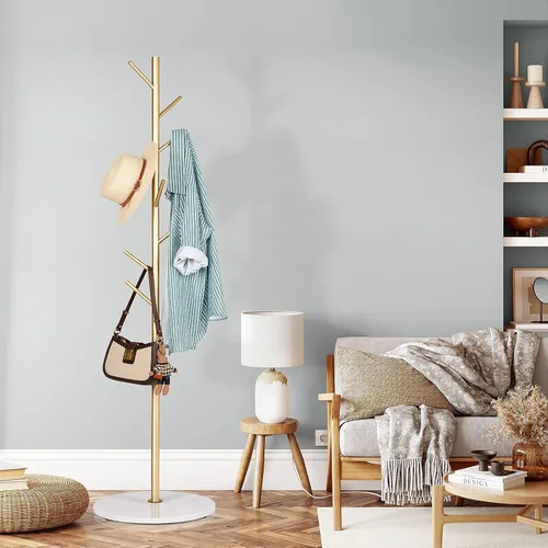 Vista 7 de ZOZOE Perchero de metal independiente, perchero dorado con base de mármol natural resistente, soporte moderno y estable con 8 ganchos, soporte