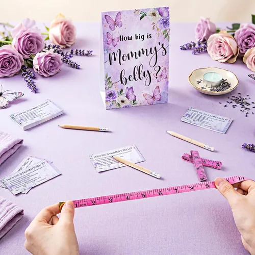 Vista 66 de Sabary 64 Piezas Juegos de Baby Shower Incluyen Letrero How Big is Mommy's Belly Sign Measure Bump Game 50 Tarjetas 10 Lápices 3 Cintas Métricas