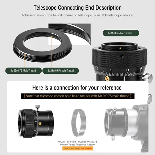 Vista 5 de Astromania Enfoque para telescopio, enfoque helicoidal doble de 1.25" para 1.25" - Orientación fija